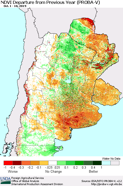 Southern South America NDVI Departure from Previous Year (PROBA-V) Thematic Map For 10/1/2019 - 10/10/2019
