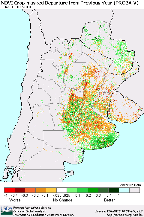 Southern South America NDVI Crop-masked Departure from Previous Year (PROBA-V) Thematic Map For 1/1/2018 - 1/10/2018