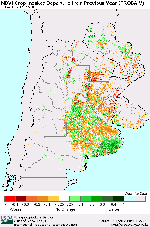 Southern South America NDVI Crop-masked Departure from Previous Year (PROBA-V) Thematic Map For 1/11/2018 - 1/20/2018
