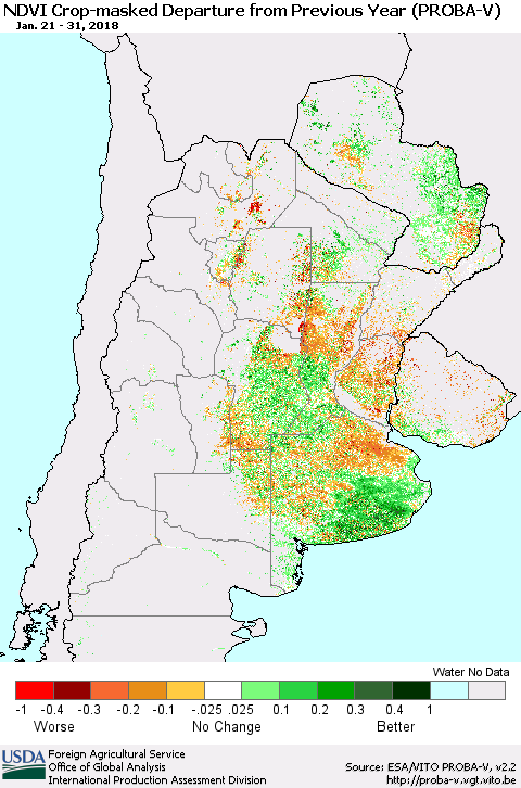 Southern South America NDVI Crop-masked Departure from Previous Year (PROBA-V) Thematic Map For 1/21/2018 - 1/31/2018