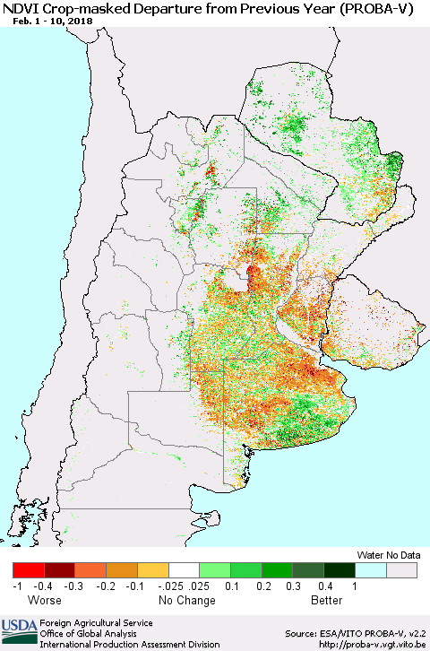 Southern South America NDVI Crop-masked Departure from Previous Year (PROBA-V) Thematic Map For 2/1/2018 - 2/10/2018