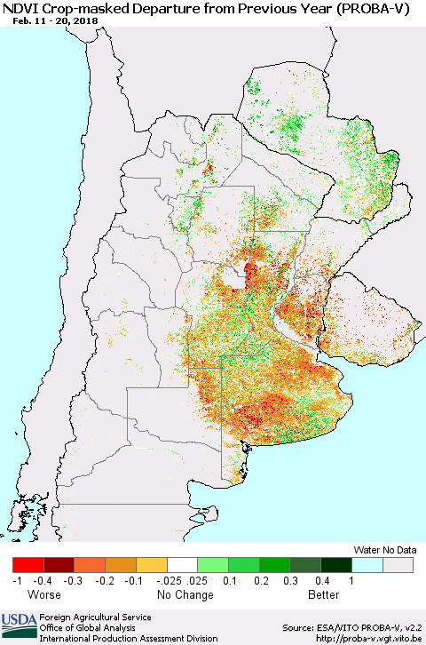 Southern South America NDVI Crop-masked Departure from Previous Year (PROBA-V) Thematic Map For 2/11/2018 - 2/20/2018