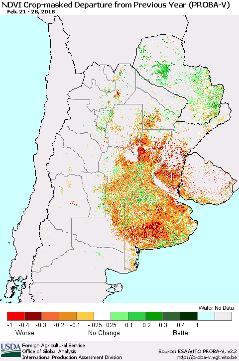 Southern South America NDVI Crop-masked Departure from Previous Year (PROBA-V) Thematic Map For 2/21/2018 - 2/28/2018