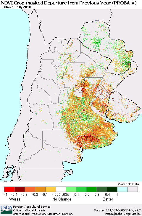 Southern South America NDVI Crop-masked Departure from Previous Year (PROBA-V) Thematic Map For 3/1/2018 - 3/10/2018