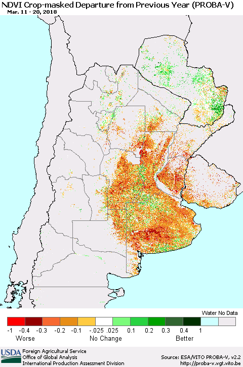 Southern South America NDVI Crop-masked Departure from Previous Year (PROBA-V) Thematic Map For 3/11/2018 - 3/20/2018