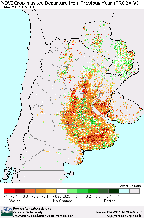 Southern South America NDVI Crop-masked Departure from Previous Year (PROBA-V) Thematic Map For 3/21/2018 - 3/31/2018
