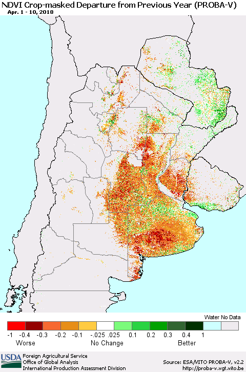 Southern South America NDVI Crop-masked Departure from Previous Year (PROBA-V) Thematic Map For 4/1/2018 - 4/10/2018