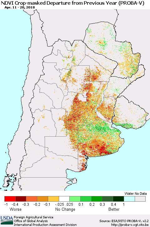 Southern South America NDVI Crop-masked Departure from Previous Year (PROBA-V) Thematic Map For 4/11/2018 - 4/20/2018