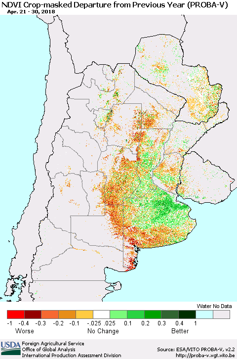 Southern South America NDVI Crop-masked Departure from Previous Year (PROBA-V) Thematic Map For 4/21/2018 - 4/30/2018
