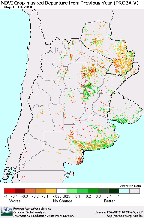 Southern South America NDVI Crop-masked Departure from Previous Year (PROBA-V) Thematic Map For 5/1/2018 - 5/10/2018