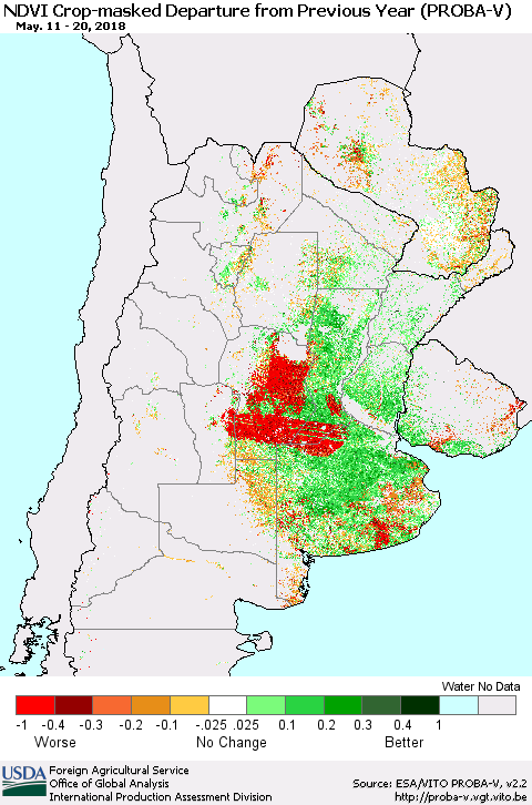 Southern South America NDVI Crop-masked Departure from Previous Year (PROBA-V) Thematic Map For 5/11/2018 - 5/20/2018