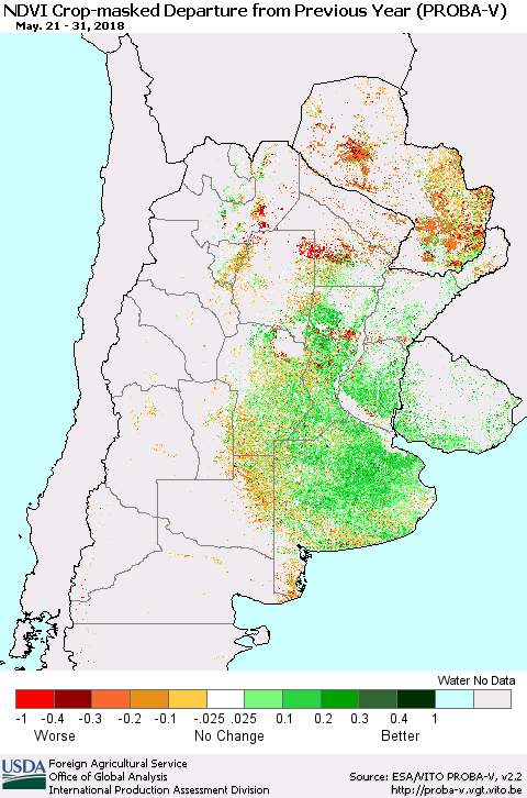 Southern South America NDVI Crop-masked Departure from Previous Year (PROBA-V) Thematic Map For 5/21/2018 - 5/31/2018