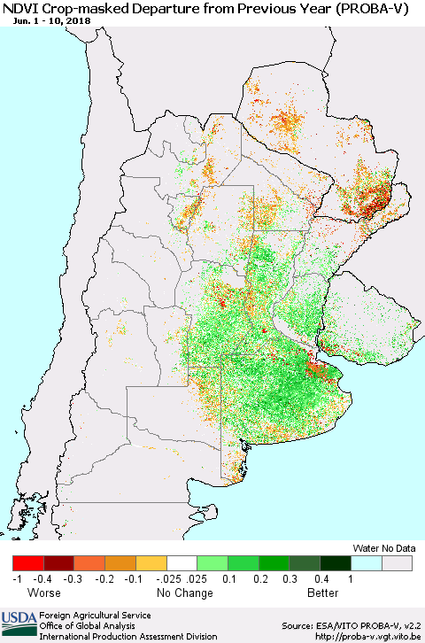 Southern South America NDVI Crop-masked Departure from Previous Year (PROBA-V) Thematic Map For 6/1/2018 - 6/10/2018