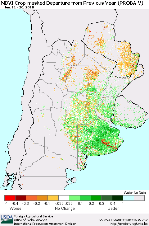 Southern South America NDVI Crop-masked Departure from Previous Year (PROBA-V) Thematic Map For 6/11/2018 - 6/20/2018