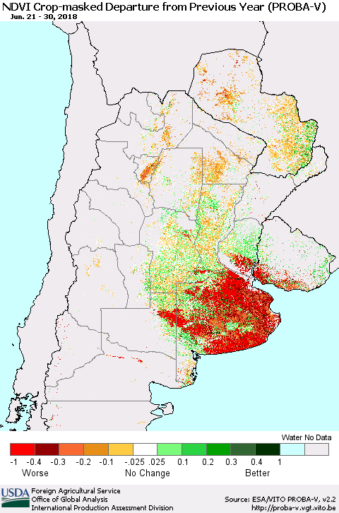 Southern South America NDVI Crop-masked Departure from Previous Year (PROBA-V) Thematic Map For 6/21/2018 - 6/30/2018