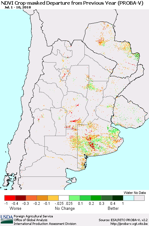 Southern South America NDVI Crop-masked Departure from Previous Year (PROBA-V) Thematic Map For 7/1/2018 - 7/10/2018