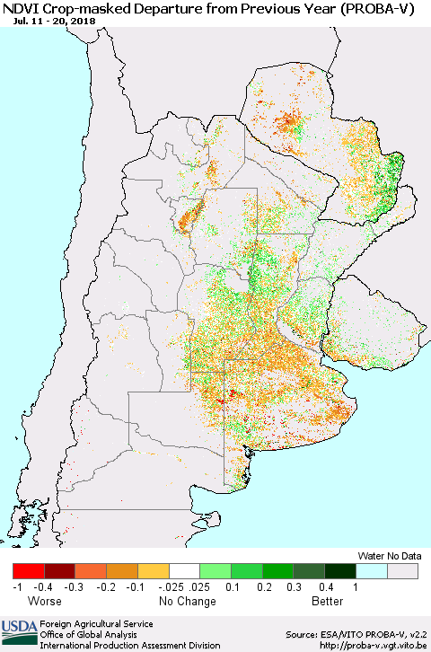 Southern South America NDVI Crop-masked Departure from Previous Year (PROBA-V) Thematic Map For 7/11/2018 - 7/20/2018