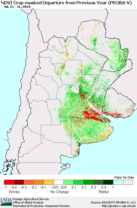 Southern South America NDVI Crop-masked Departure from Previous Year (PROBA-V) Thematic Map For 7/21/2018 - 7/31/2018