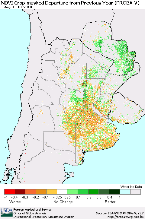 Southern South America NDVI Crop-masked Departure from Previous Year (PROBA-V) Thematic Map For 8/1/2018 - 8/10/2018
