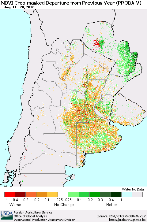 Southern South America NDVI Crop-masked Departure from Previous Year (PROBA-V) Thematic Map For 8/11/2018 - 8/20/2018
