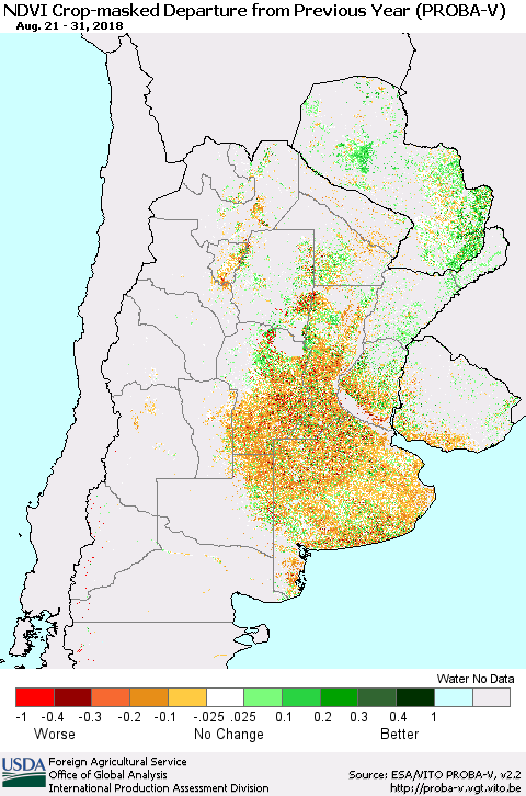 Southern South America NDVI Crop-masked Departure from Previous Year (PROBA-V) Thematic Map For 8/21/2018 - 8/31/2018