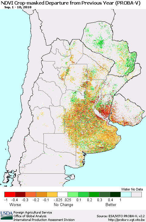 Southern South America NDVI Crop-masked Departure from Previous Year (PROBA-V) Thematic Map For 9/1/2018 - 9/10/2018