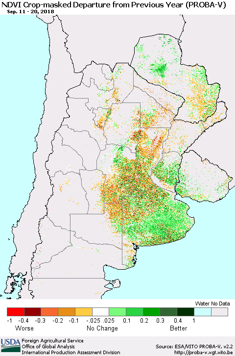 Southern South America NDVI Crop-masked Departure from Previous Year (PROBA-V) Thematic Map For 9/11/2018 - 9/20/2018