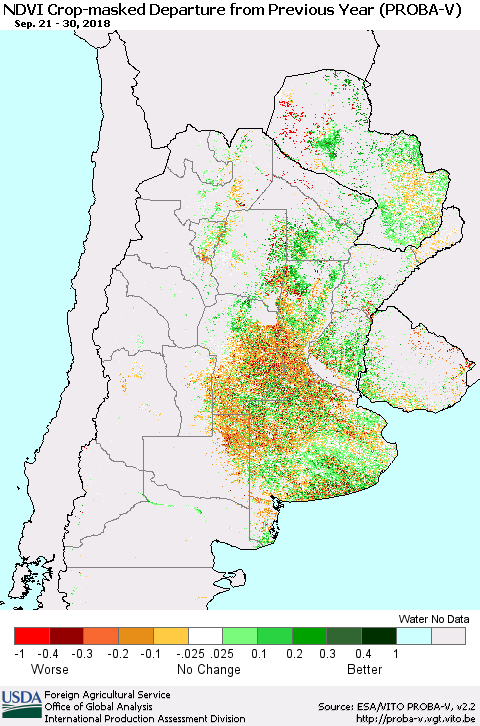 Southern South America NDVI Crop-masked Departure from Previous Year (PROBA-V) Thematic Map For 9/21/2018 - 9/30/2018