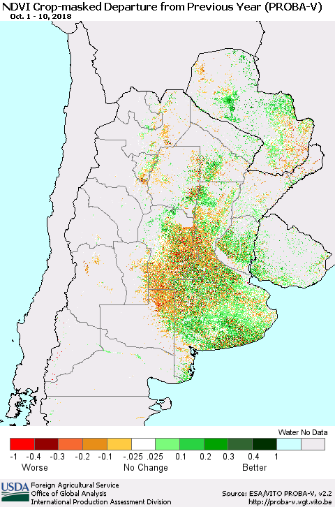 Southern South America NDVI Crop-masked Departure from Previous Year (PROBA-V) Thematic Map For 10/1/2018 - 10/10/2018