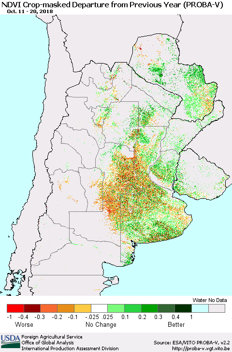 Southern South America NDVI Crop-masked Departure from Previous Year (PROBA-V) Thematic Map For 10/11/2018 - 10/20/2018