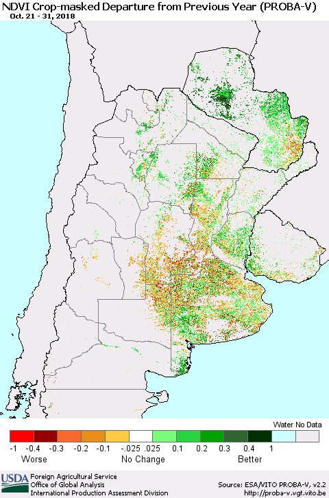 Southern South America NDVI Crop-masked Departure from Previous Year (PROBA-V) Thematic Map For 10/21/2018 - 10/31/2018