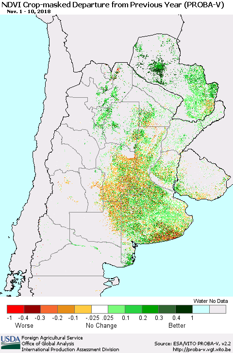 Southern South America NDVI Crop-masked Departure from Previous Year (PROBA-V) Thematic Map For 11/1/2018 - 11/10/2018