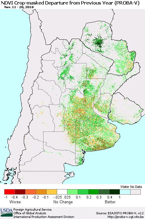 Southern South America NDVI Crop-masked Departure from Previous Year (PROBA-V) Thematic Map For 11/11/2018 - 11/20/2018