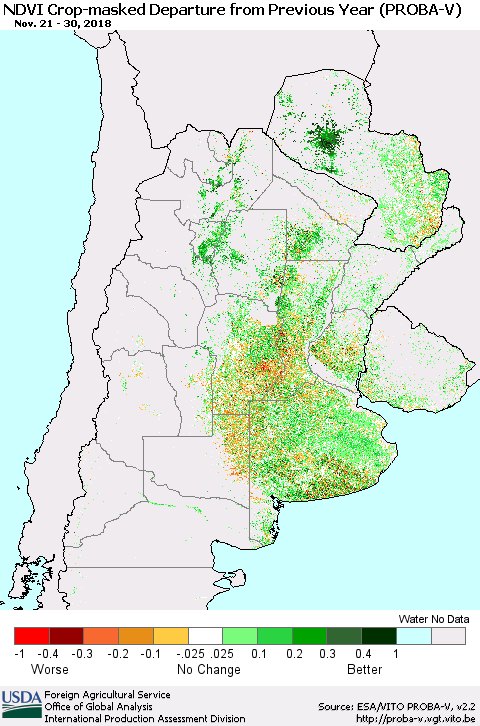 Southern South America NDVI Crop-masked Departure from Previous Year (PROBA-V) Thematic Map For 11/21/2018 - 11/30/2018
