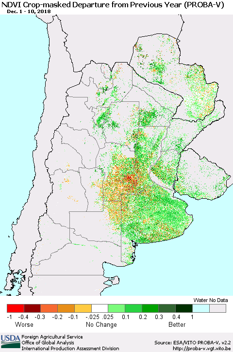 Southern South America NDVI Crop-masked Departure from Previous Year (PROBA-V) Thematic Map For 12/1/2018 - 12/10/2018