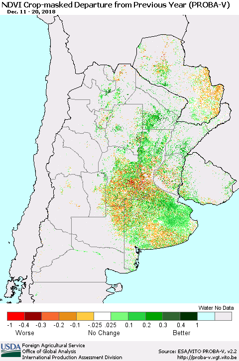 Southern South America NDVI Crop-masked Departure from Previous Year (PROBA-V) Thematic Map For 12/11/2018 - 12/20/2018
