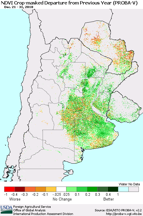 Southern South America NDVI Crop-masked Departure from Previous Year (PROBA-V) Thematic Map For 12/21/2018 - 12/31/2018