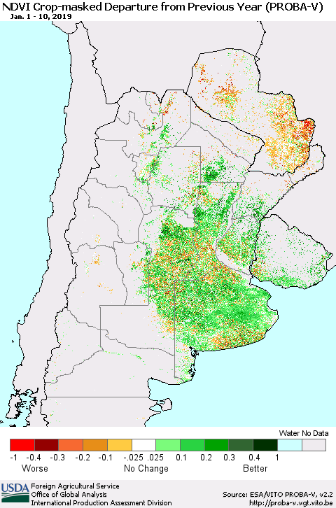 Southern South America NDVI Crop-masked Departure from Previous Year (PROBA-V) Thematic Map For 1/1/2019 - 1/10/2019