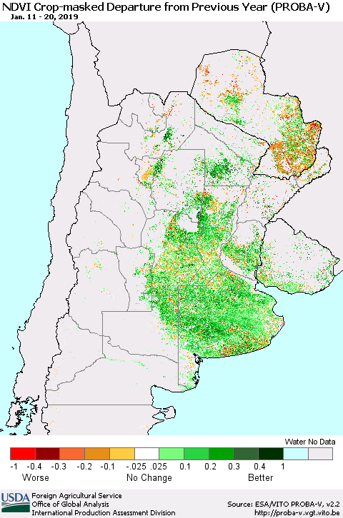 Southern South America NDVI Crop-masked Departure from Previous Year (PROBA-V) Thematic Map For 1/11/2019 - 1/20/2019