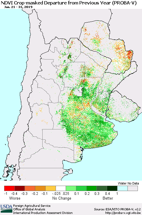 Southern South America NDVI Crop-masked Departure from Previous Year (PROBA-V) Thematic Map For 1/21/2019 - 1/31/2019