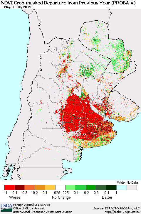 Southern South America NDVI Crop-masked Departure from Previous Year (PROBA-V) Thematic Map For 5/1/2019 - 5/10/2019