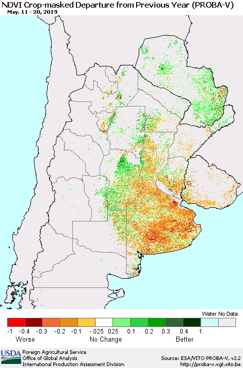 Southern South America NDVI Crop-masked Departure from Previous Year (PROBA-V) Thematic Map For 5/11/2019 - 5/20/2019