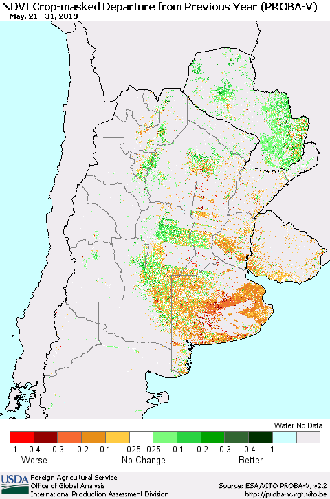 Southern South America NDVI Crop-masked Departure from Previous Year (PROBA-V) Thematic Map For 5/21/2019 - 5/31/2019