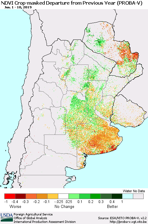 Southern South America NDVI Crop-masked Departure from Previous Year (PROBA-V) Thematic Map For 6/1/2019 - 6/10/2019