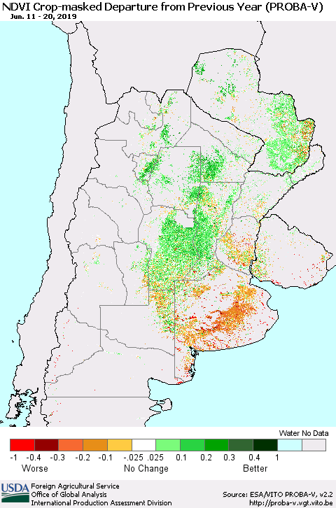 Southern South America NDVI Crop-masked Departure from Previous Year (PROBA-V) Thematic Map For 6/11/2019 - 6/20/2019