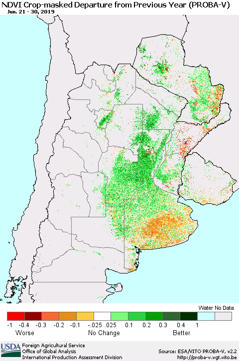 Southern South America NDVI Crop-masked Departure from Previous Year (PROBA-V) Thematic Map For 6/21/2019 - 6/30/2019