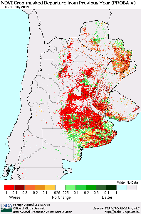 Southern South America NDVI Crop-masked Departure from Previous Year (PROBA-V) Thematic Map For 7/1/2019 - 7/10/2019