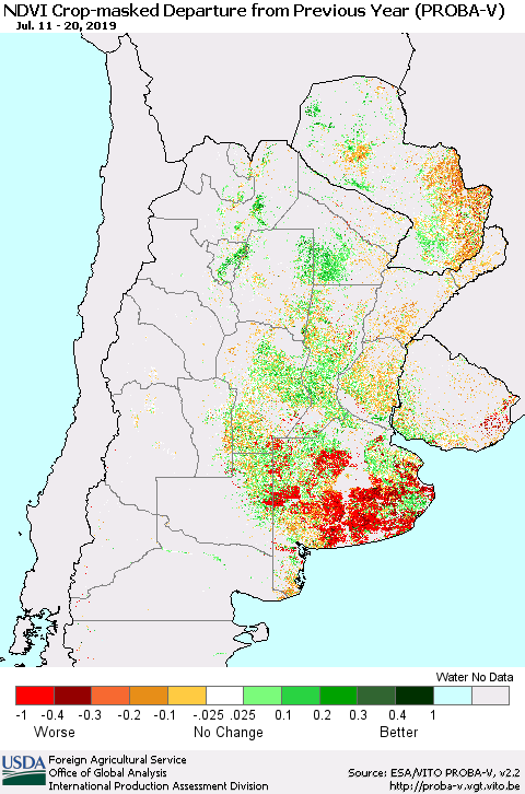 Southern South America NDVI Crop-masked Departure from Previous Year (PROBA-V) Thematic Map For 7/11/2019 - 7/20/2019