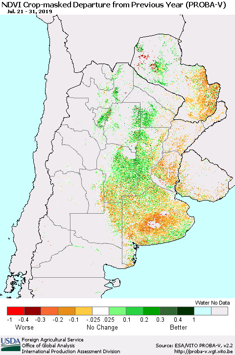 Southern South America NDVI Crop-masked Departure from Previous Year (PROBA-V) Thematic Map For 7/21/2019 - 7/31/2019