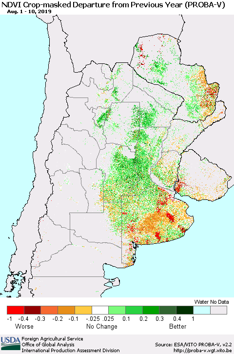 Southern South America NDVI Crop-masked Departure from Previous Year (PROBA-V) Thematic Map For 8/1/2019 - 8/10/2019